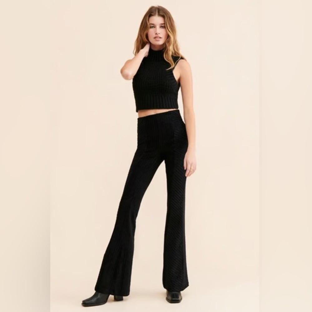 Free People Black Ribbed High-Waist Flare Pants